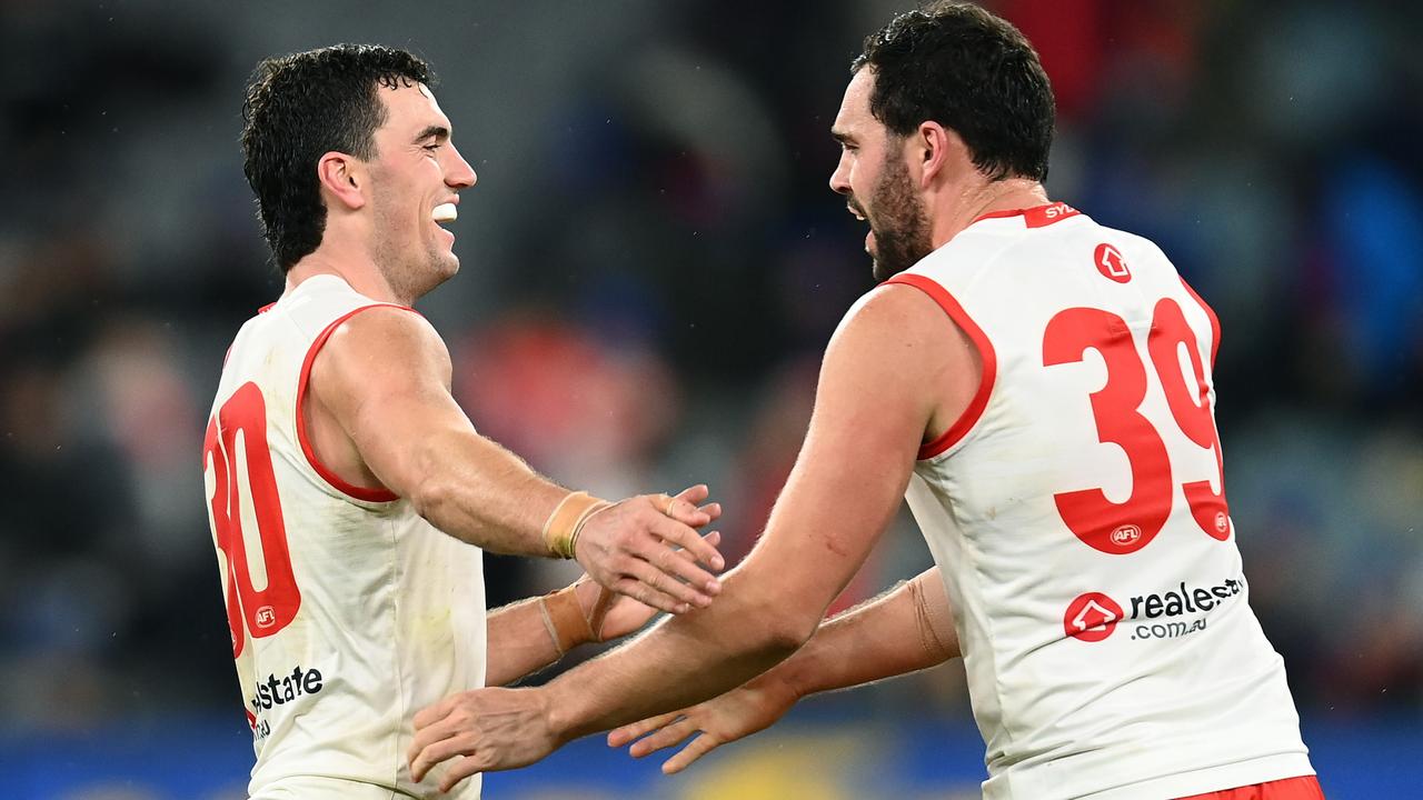Tom and Paddy McCartin celebrate for the Swans. Picture: Getty Images