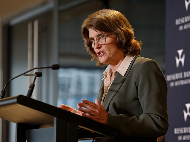 SYDNEY, AUSTRALIA - NewsWire Photos SEPTEMBER 24 , 2024:   Reserve Bank Governor Michele Bullock holding a press conference discussing the Reserve Bank Board's monetary policy decision. Rates will remain the same for now until inflation drops further. Picture: NewsWire / John Appleyard