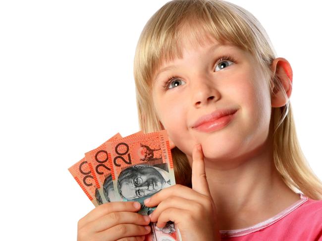 Little girl holding Australian 20 dollar notes cash looking up and thinking how to spend her money - on a white background. Click to see more...