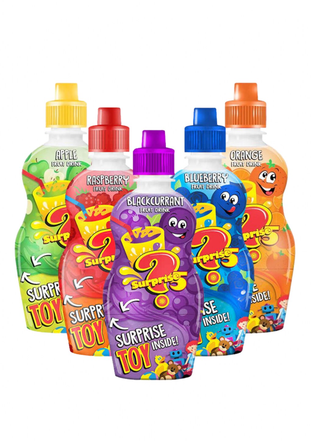 The flavoured juice drinks and their specially designed bottles, which contain toys with unsecured button batteries.