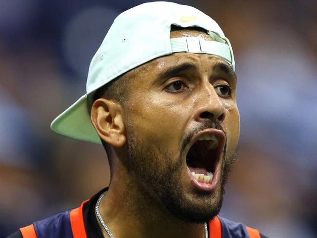 NEW YORK, NEW YORK - SEPTEMBER 06: Nick Kyrgios of Australia reacts against Karen Khachanov during their MenÃ¢â¬â¢s Singles Quarterfinal match on Day Nine of the 2022 US Open at USTA Billie Jean King National Tennis Center on September 06, 2022 in the Flushing neighborhood of the Queens borough of New York City. (Photo by Elsa/Getty Images)