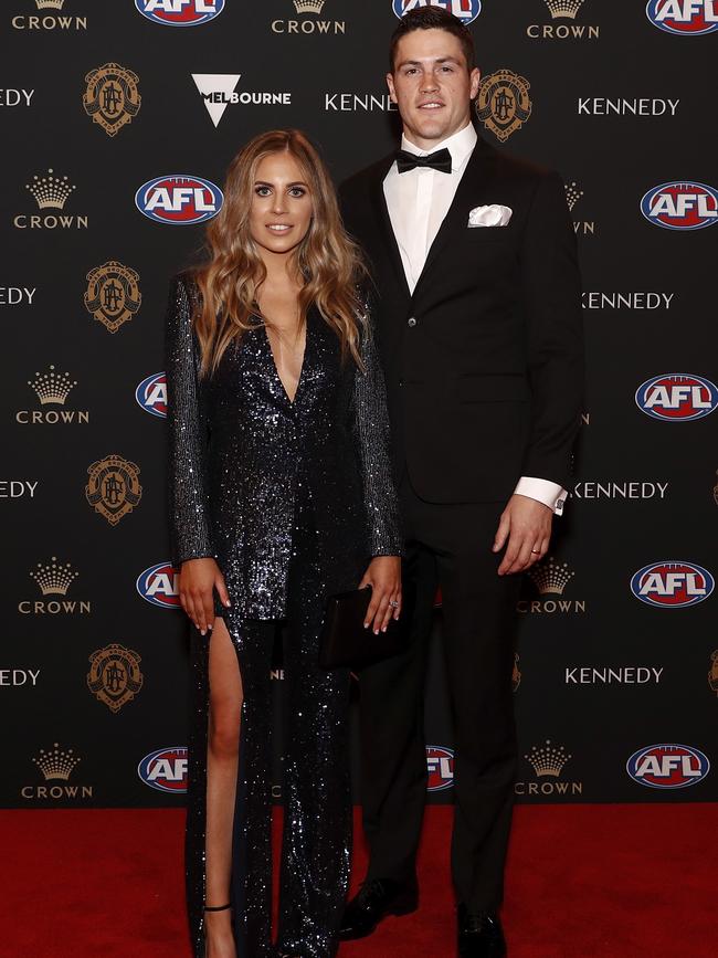 Jack Crisp of the Magpies and wife Mikayla. Picture: Getty