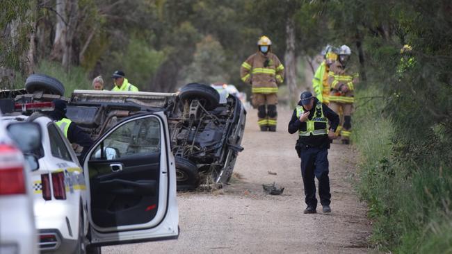 Crews attend the scene of a serious crash at Angaston. Picture: Jason Katsaras