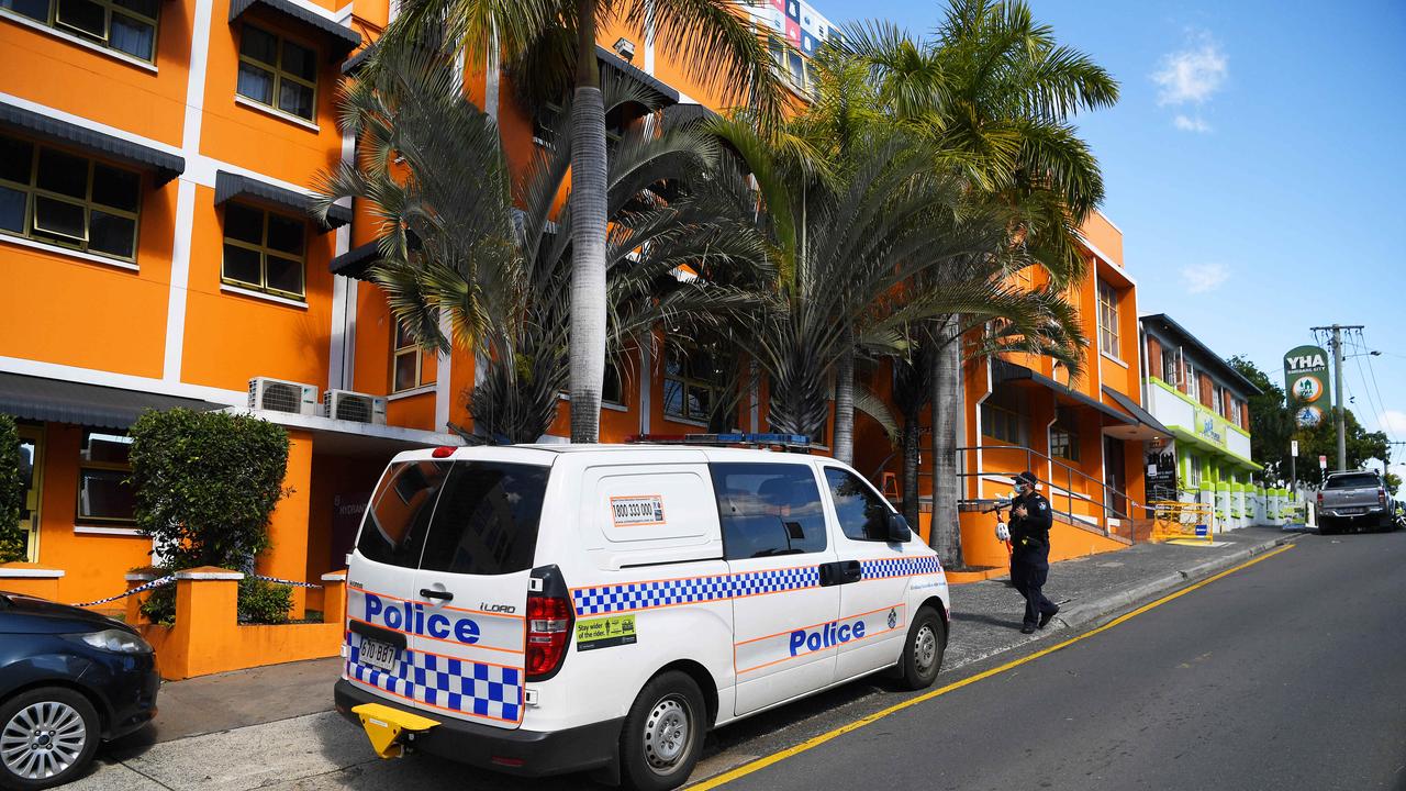 Police secure the City Backpackers hostel in Brisbane. Picture: NCA NewsWire / Dan Peled