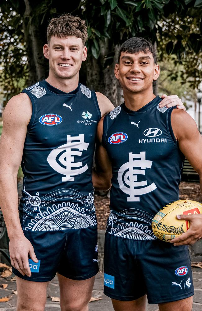 Carlton players Sam Walsh and Jesse Motlop in the club's 2025 Sir Doug Nicholls Round jumper. Picture: Carlton FC