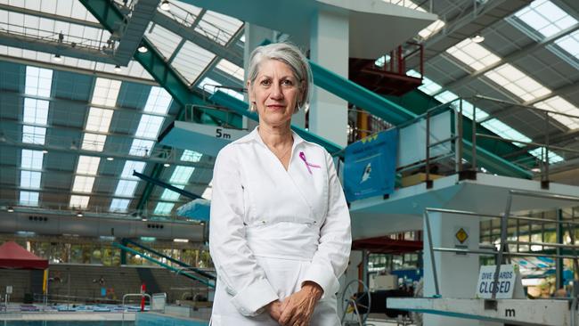 Adelaide Lord Mayor Sandy Verschoor at the Adelaide Aquatic Centre’s dive tower, which is closed due to damage. Picture: Matt Loxton