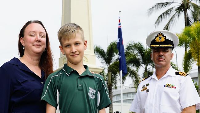 Legacy Far North Queensland has launched their campaign to build Legacy House Cairns, a $1.75m facility that will help families of fallen defence force members. Melanie Allen and her son Tobias Allen, 11, lost their husband and father, Leading Seaman Steven Allen, in 2017. Together with HMAS Cairns Commander Alfonso Santos, they are supporting the fundraising drive that will assist families in need. Picture: Brendan Radke