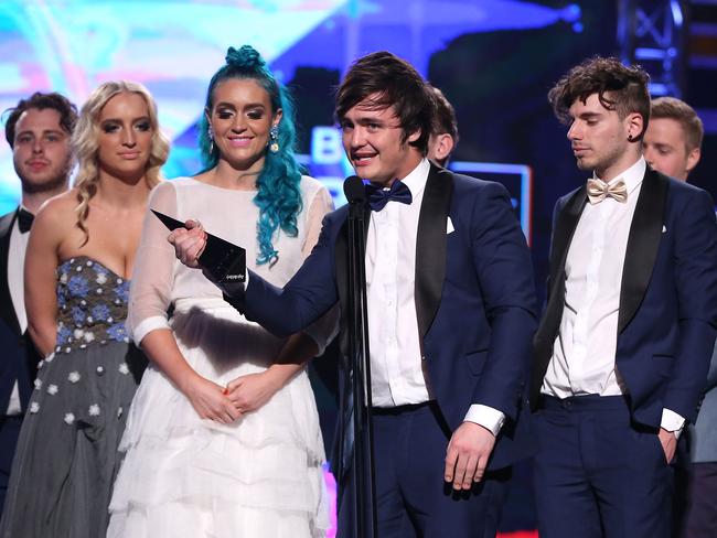 Sorry...Sheppard frontman George Sheppard apologised to 5SOS fans for taking out Best Group award. Picture: Brendon Thorne/Getty Images