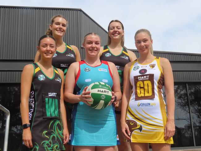 TNL players Lucy McArthur (Cavaliers), Lily Case (Cavaliers), Erin Quillerat (Devon), Hayley McDougall (Cavaliers) and Dani Laugher (Hawks) at the Silverdome on Thursday. Picture: Jon Tuxworth