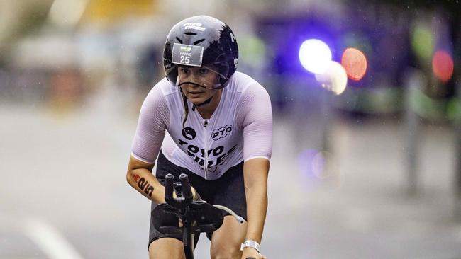 Belgian triathlete Hanne De Vet begins the cycling leg of the Ironman 70.3 Tasmania in Hobart on Sunday 4th February. Picture: Linda Higginson