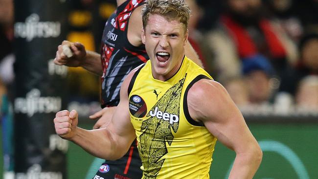 Josh Caddy celebrates a goal against Essendon. Picture: Michael Klein