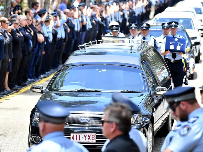 The funeral procession at the memorial service with full police honours for constables Rachel McCrow and Matthew Arnold at Brisbane Entertainment Centre. Picture: John Gass/NCA NewsWire