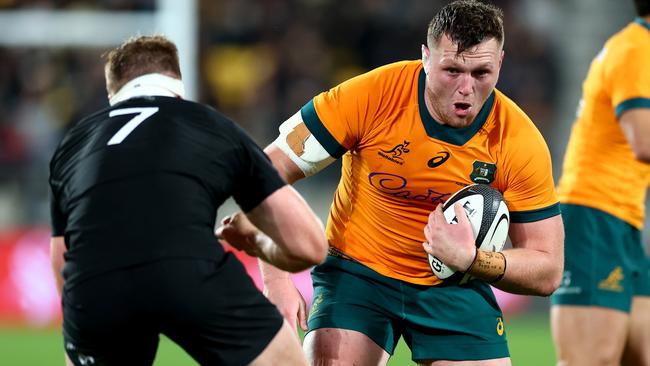 Angus Bell of Australia charges forward during a Rugby Championship and Bledisloe Cup match against New Zealand. Picture: Getty Images