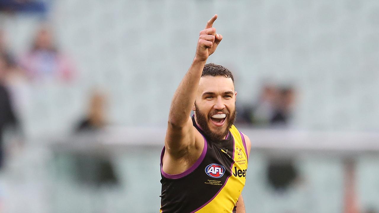 Richmond’s Shane Edwards celebrates a goal in his 250th game. Pic: Michael Klein