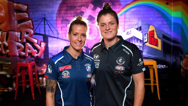 Bulldog Hannah Scott and Brianna Davey at the announcement of the Pride match. Picture: AAP