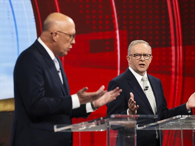 SYDNEY, AUSTRALIA - NewsWire Photos APRIL 22: 2025 Opposition Leader Peter Dutton and Prime Minister Anthony Albanese during the third leaders' debate, The Great Debate hosted by Nine, during the 2025 federal election campaign at the Nine studio in Sydney, NSW, on Tuesday 22 April. Picture: Alex Ellinghausen / POOL/ via NewsWire