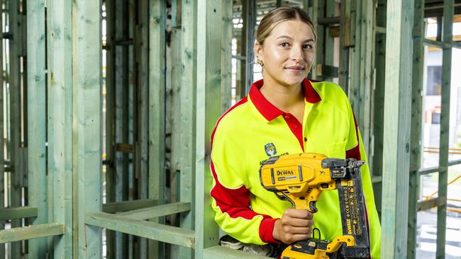 Apprentice Kaylee Kimber at construction site. Picture: Richard Walker