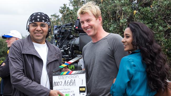 Brett Lee with Tannishtha Chatterjee and director-producer Anupam Sharma for unINDIAN, by Kate Ryan. Image supplied for The Sunday Times Guide.