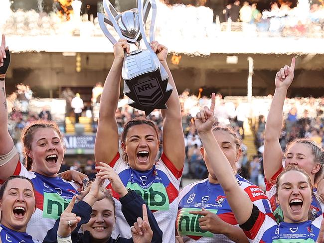 SYDNEY, AUSTRALIA - OCTOBER 02: The Knights celebrate with the NRLW Premiership Trophy after victory in the 2022 NRLW Grand Final match between Newcastle Knights and Parramatta Eels at Accor Stadium, on October 02, 2022, in Sydney, Australia. (Photo by Cameron Spencer/Getty Images)