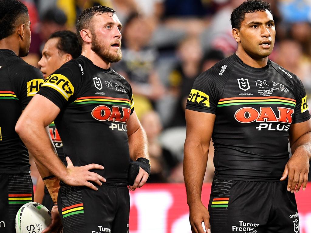 Kurt Capewell and Tevita Pangai Junior look dejected after Penrith’s finals loss to South Sydney. Picture: Ian Hitchcock / Getty Images