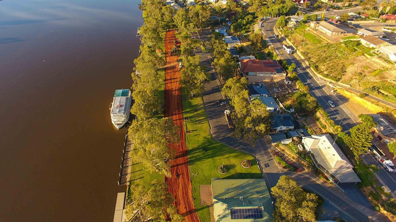 Drone images of the levee being built on the banks of the Murray at Mannum. Picture: Dave Hartley/Mannum Motel/River Shack Rentals