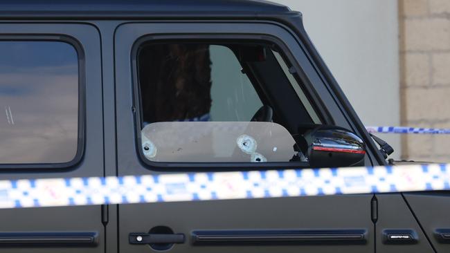 At least three bullets have pierced the windows of Abdulrahim’s Mercedes 4WD. Picture: Brendan Beckett