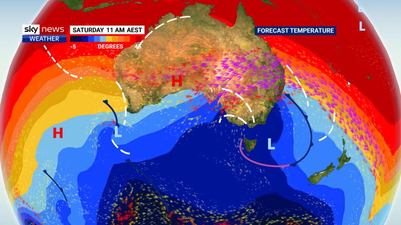 A mass of cold Antarctic air is surging up from the pole. Picture: Sky News Weather.