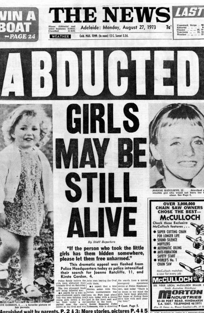 The News’ front page reporting on the abduction of Joanne Ratcliffe and Kirste Gordon on August 27, 1973.