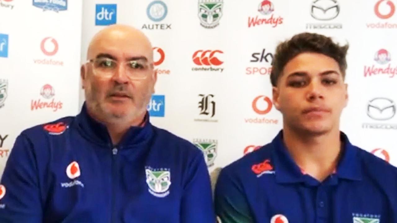 New Zealand Warriors CEO Cameron George (middle) and fullback Reece Walsh (R) front the media.