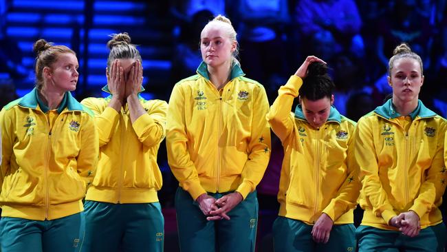 The dejected Diamonds after losing to New Zealand in the World Cup final last year. Picture: Getty Images