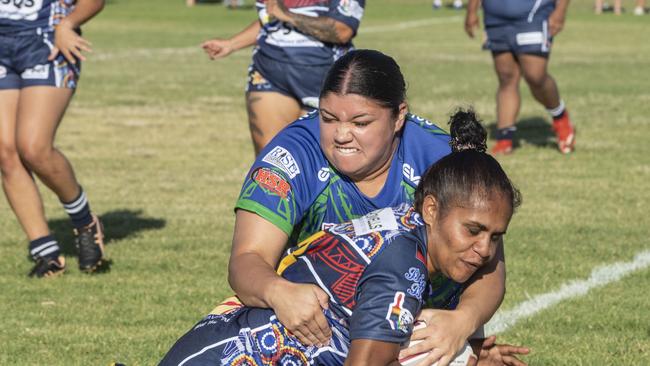 Clarissa Janes for Pacific tackles Lorna Murray for Emus during the 2023 TRL Cultural Cup, Open Womens game. Picture: Nev Madsen.