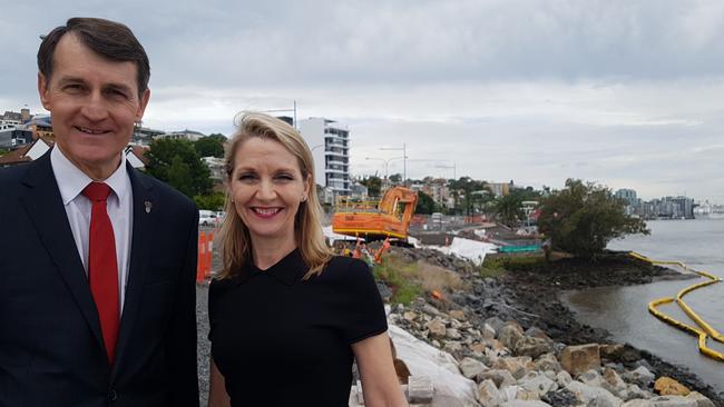 Lord Mayor Graham Quirk and Infrastructure chairman Amanda Cooper at the soon to be opened section of the Kingsford Smith Drive Riverwalk. Picture: Ellen-Maree Elliot