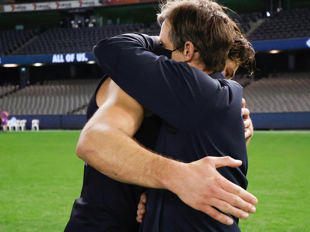 Levi Casboult of the Blues and David Teague embrace. Picture: Michael Willson/AFL Photos via Getty Images