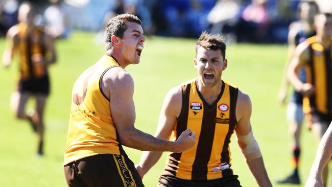 Jarrod Kellock of Langhorn Creek celebrates a goal for Langhorne Creek. Picture: Mark Brake