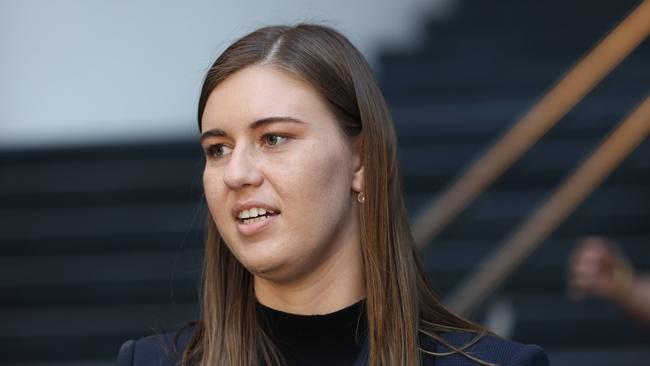 Brittany Higgins pictured speaking to media after a meeting with Prime Minister Scott Morrison. Picture: NCA NewsWire/Damian Shaw