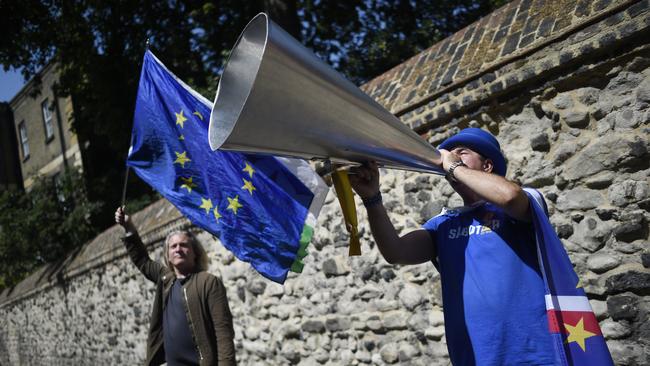 Anti-Brexiteers outside Boris Johnson’s campaign office. Picture: AFP