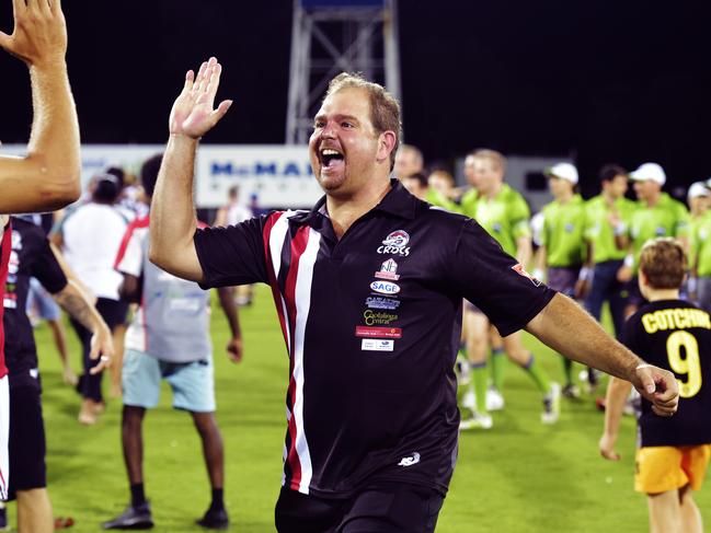 Southern Districts coach Shannon Rusca celebrates following the final siren in the 2017-18 NTFL Men’s Premier League Grand Final. Picture: Keri Megelus