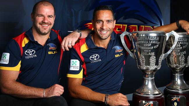 Former teammates Mark Ricciuto and Andrew McLeod were involved in a public disagreement about the Crows’ culture earlier this month. Picture: Sarah Reed