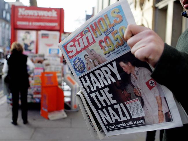 The ‘Harry The Nazi’ story on the front page of The Sun on January 13, 2005. Picture: AFP / Jim Watson