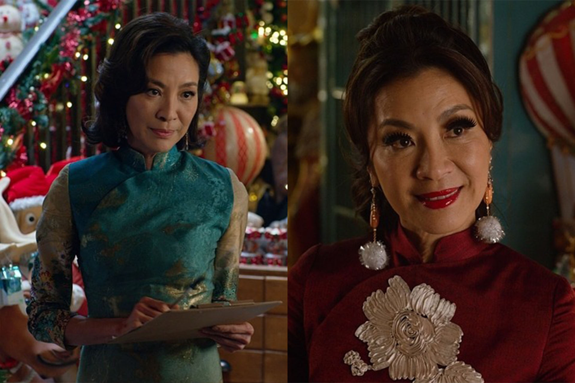 <p><em>Image credits: Universal Pictures</em></p><h3>Michelle Yeoh in&nbsp;<em>Last Christmas&nbsp;</em>(2019)</h3><p>She may not be the main female lead in&nbsp;<em>Last Christmas</em>&mdash;and special mention must go out to Emilia Clarke's cool-girl rocker-grunge look in this film&mdash;but Michelle Yeoh really stole the show sartorially. Playing an owner of a Christmas decorations store who goes by the name Santa, Yeoh once again nails the role of the older, wiser woman&mdash;and she does it in style. We see her in a stunning blue long-sleeved cheongsam, and later in a red velvet one with feathered wrist cuffs and silver floral details, as well as other robes adorned with more feathers, embroidery and embellishments. Bold, festive and with a healthy dose of fluffy decoration earrings, Yeoh has never looked cooler and more Christmas-y.</p>