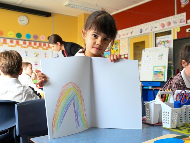 Girton Grammar Bendigo prep Astrid Veera on her first day of school. Picture: Supplied.