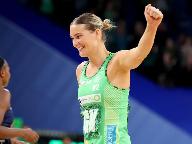 PERTH, AUSTRALIA - JUNE 25: Courtney Bruce of the Fever celebrates the win during the Super Netball Semifinal match between Melbourne Vixens and West Coast Fever at RAC Arena, on June 25, 2023, in Perth, Australia. (Photo by James Worsfold/Getty Images)