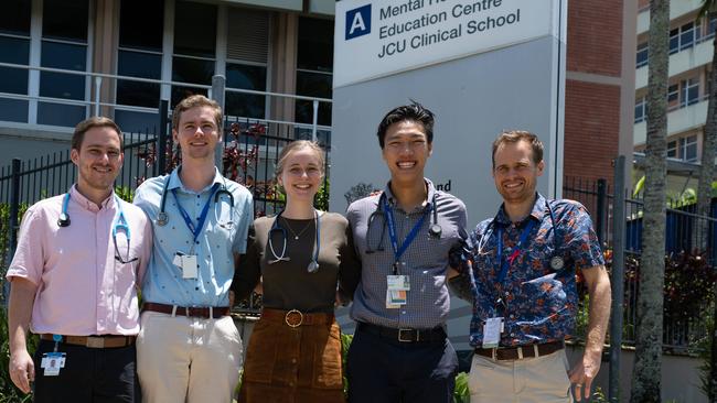 Medical Students Kane Langdon, Nathan Kendal, Grace Gough, Matt Mo and Lachlan Joyce study onsite at the JCU Clinical School located alongside Cairns Hospital. Picture: Emily Barker.