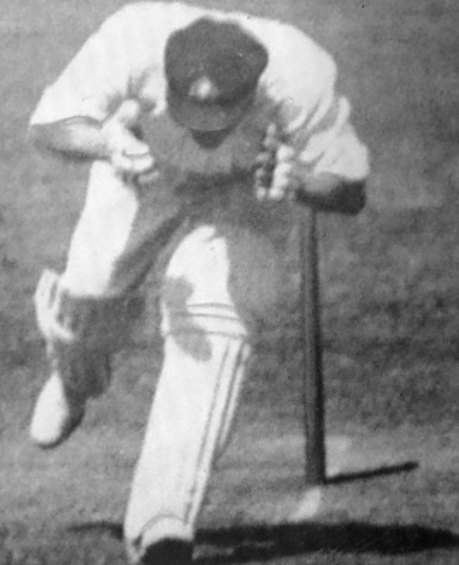 Bert Oldfield is struck in the head after a delivery from Harold Larwood during the third Test match of the Bodyline 1932/33 Test series at the Adelaide Oval.