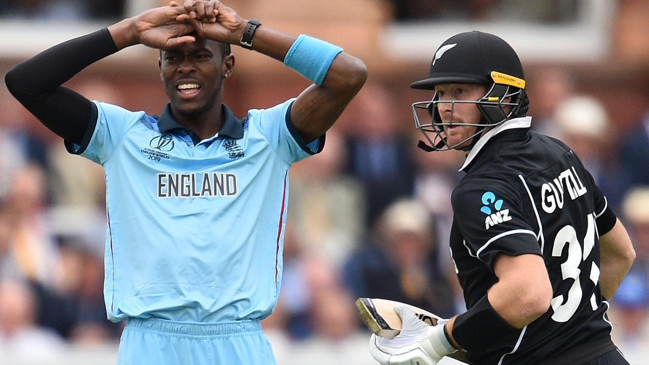 Jofra Archer reacts after failing to take the wicket of New Zealand's Martin Guptill.