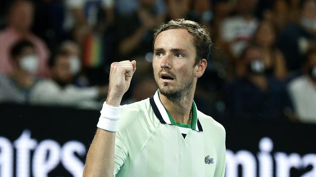 Medvedev celebrates after grabbing a two-sets-to-love leads. Picture: Getty