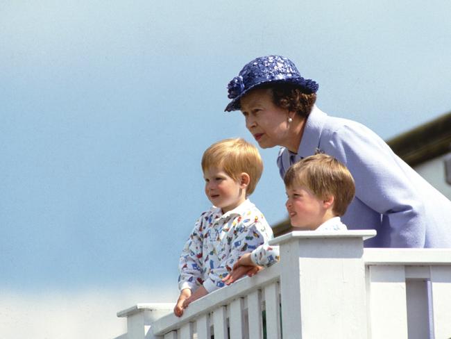 The royal brothers, who would later become accomplished polo players, enjoy watching the polo with their grandmother. Picture: Tim Graham