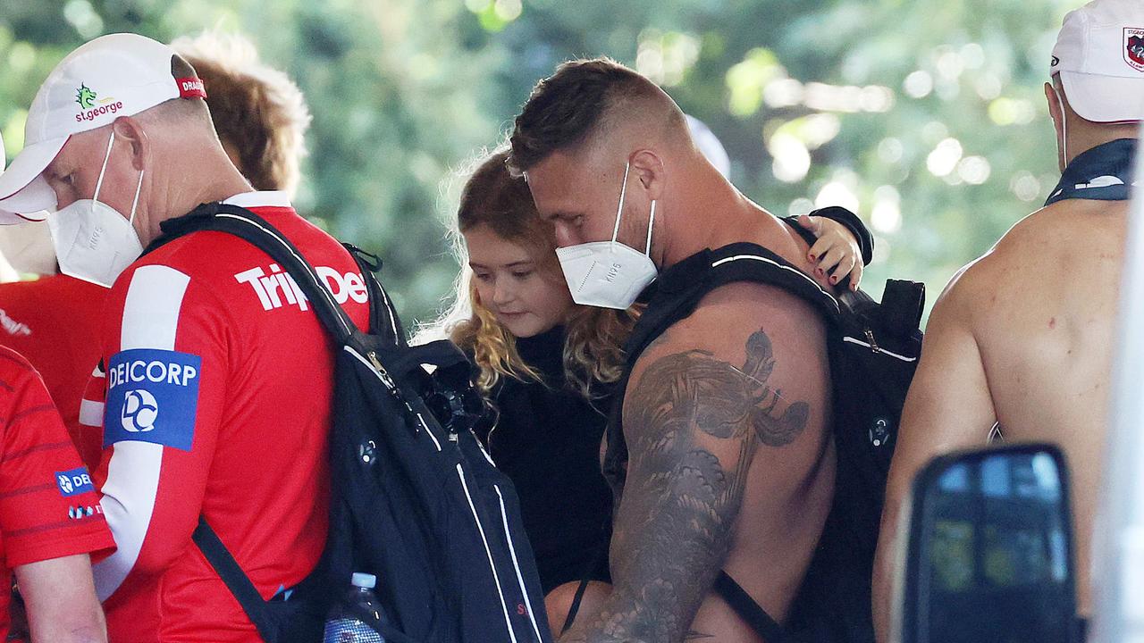 Dragons forward Tariq Sims is reunited with his family in Brisbane. Picture: Liam Kidston