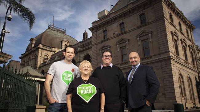 Senator Matt Canavan, left, Michelle Landry, George Christensen and Shine Energy CEO outside Old Parliament House, Brisbane. Picture: Russell Shakespeare