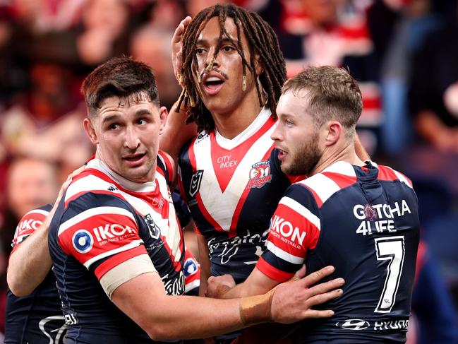 SYDNEY, AUSTRALIA - JULY 27: Dominic Young of the Roosters celebrates with team mates after scoring a try during the round 21 NRL match between Sydney Roosters and Manly Sea Eagles at Allianz Stadium, on July 27, 2024, in Sydney, Australia. (Photo by Brendon Thorne/Getty Images)